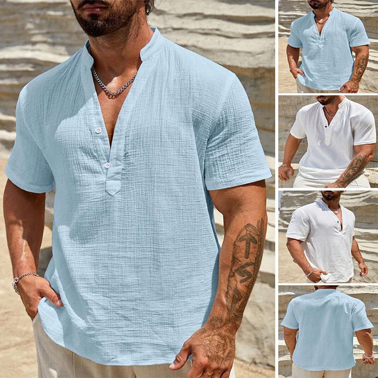 Men's Clothing [LinenCraft] Men's Short Sleeve Shirt - Pure Linen | Mandarin Collar