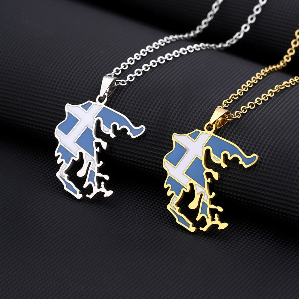 hot selling stainless steel Greek map and flag necklace for men and women couple ethnic style retro accessories