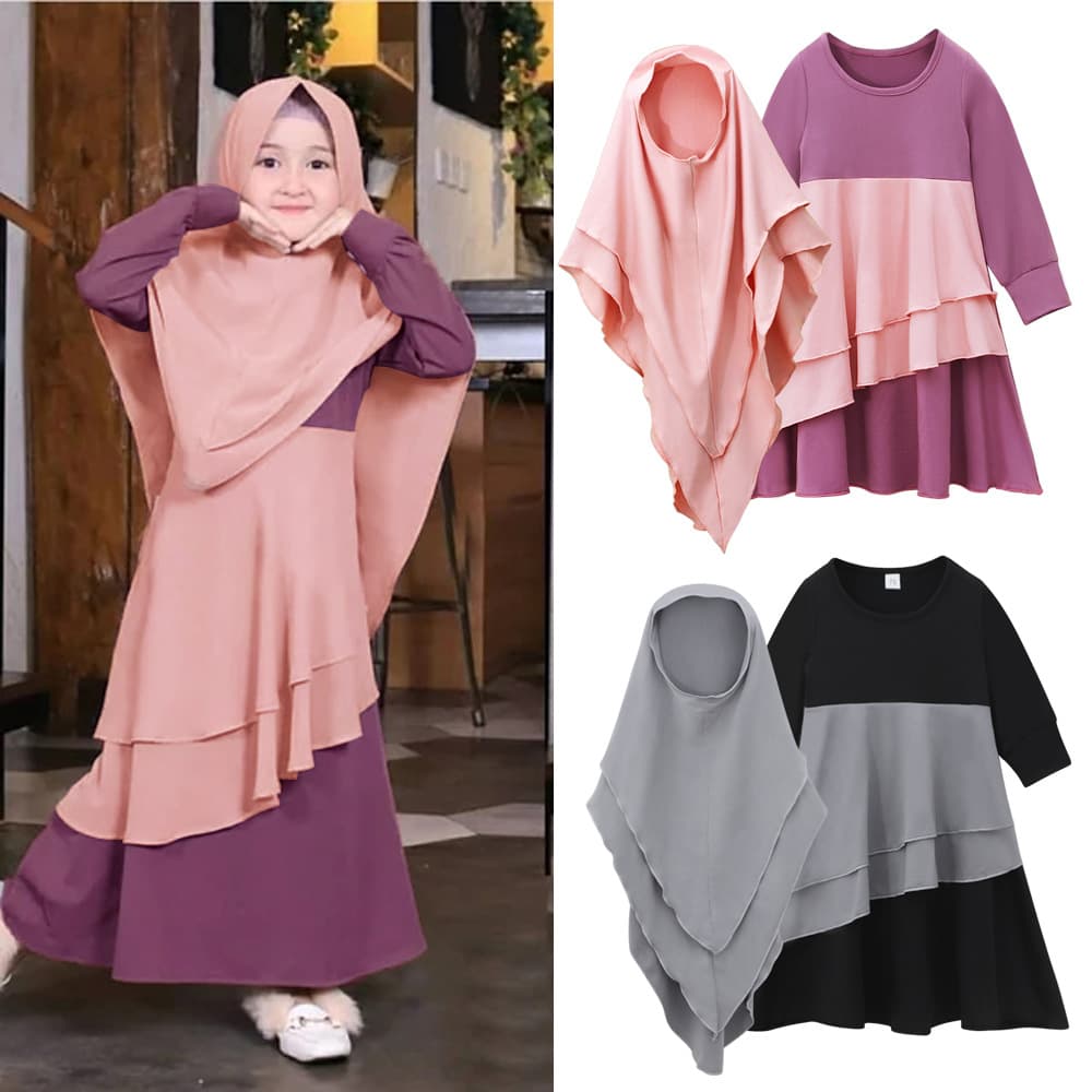 Mother & Kids Girls Spring and Autumn Long Sleeve Colorblocked Ruffled Dress + Headscarf Two piece Children's Clothing