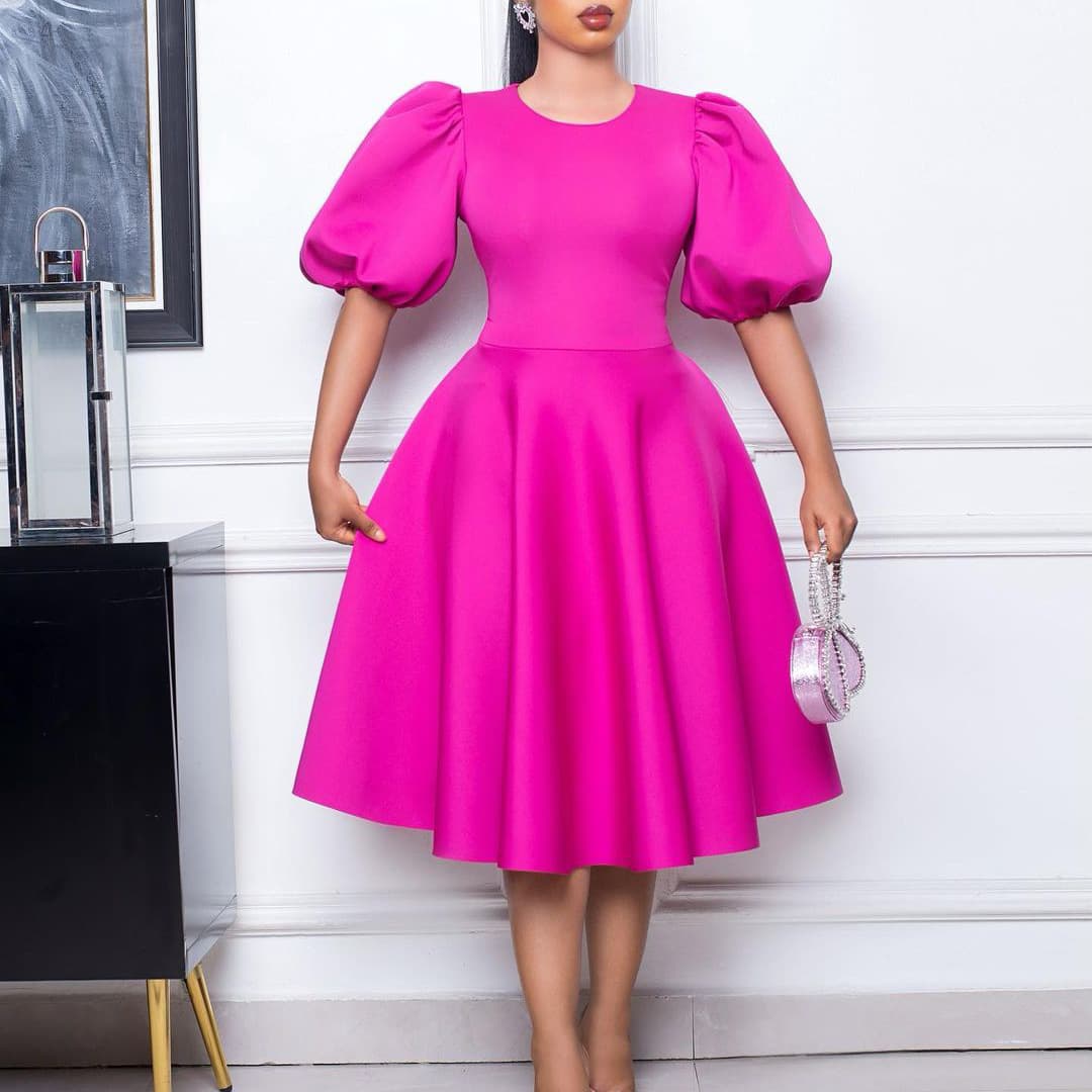 Women's Clothing Women's Round Neck Temperament Bubble Sleeve Wrapped Waist Large Swing Dress A-line Dress