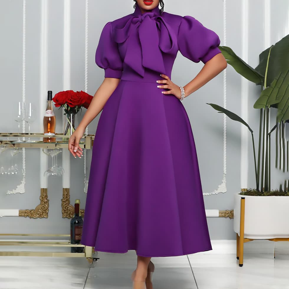 Women's Large Size S-3XL Bow Solid Swing Banquet Elegent Dress