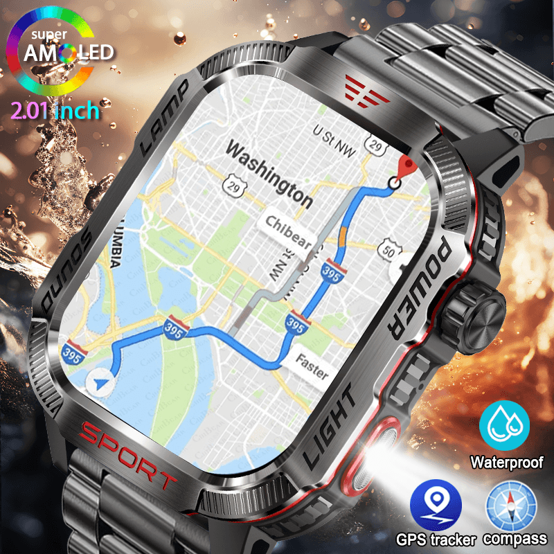 Montre connectée militaire GPS pour hommes, étanche, avec lampe torche, boussole, moniteur de sport en plein air, Bluetooth, appels, pour Huawei et Xiaomi