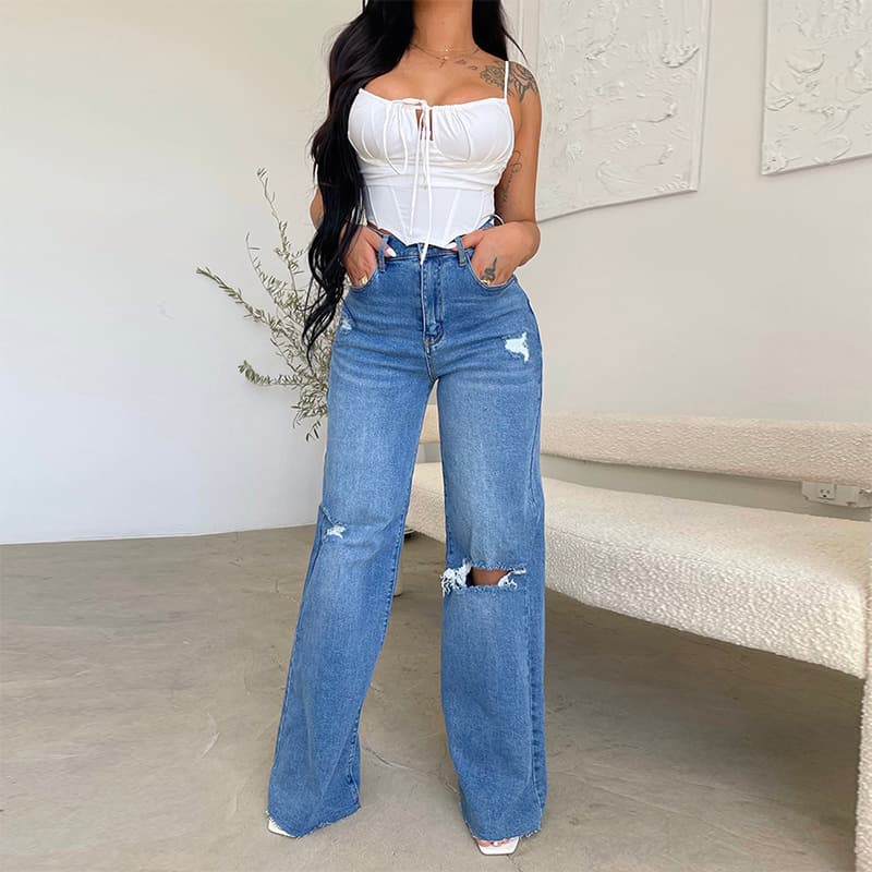 Women's Clothing Jeans Long High Waist Hot Sale Raw Edge Holes Comfortable Denim Wide Leg Pants