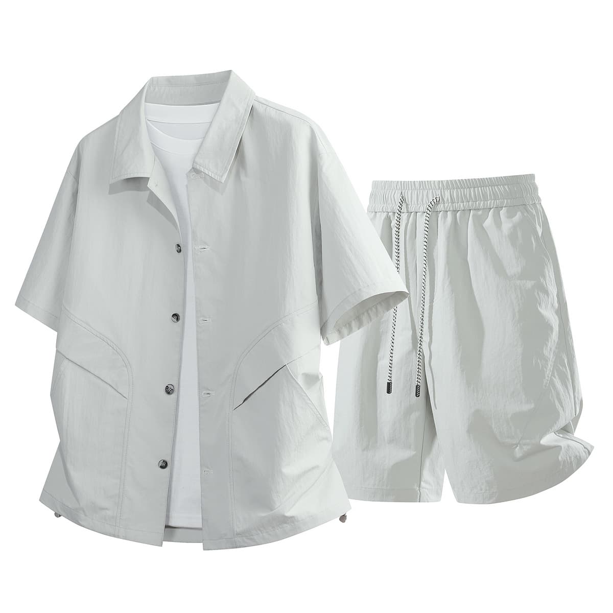 ​​Men's Summer Casual Short Sleeve Shirt & Shorts Set - Lightweight Sun Protection Polyester Outfit For Teens & Young Adults