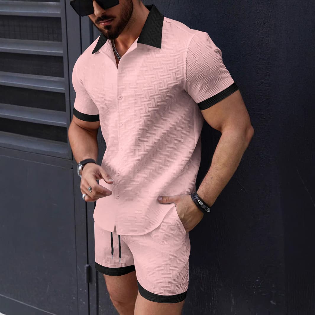 Men's Clothing Shirt Casual Colorblock Short Sleeved Shorts Beach Suit