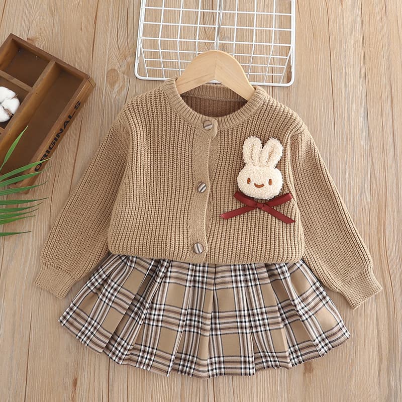 ​​Baby Girls' Knit Cardigan & Skirt Set – 100% Polyester, 1-3Yrs (80-100cm), Winter Outfit (Red/Fleece-Lined Red/White/Khaki)​​
