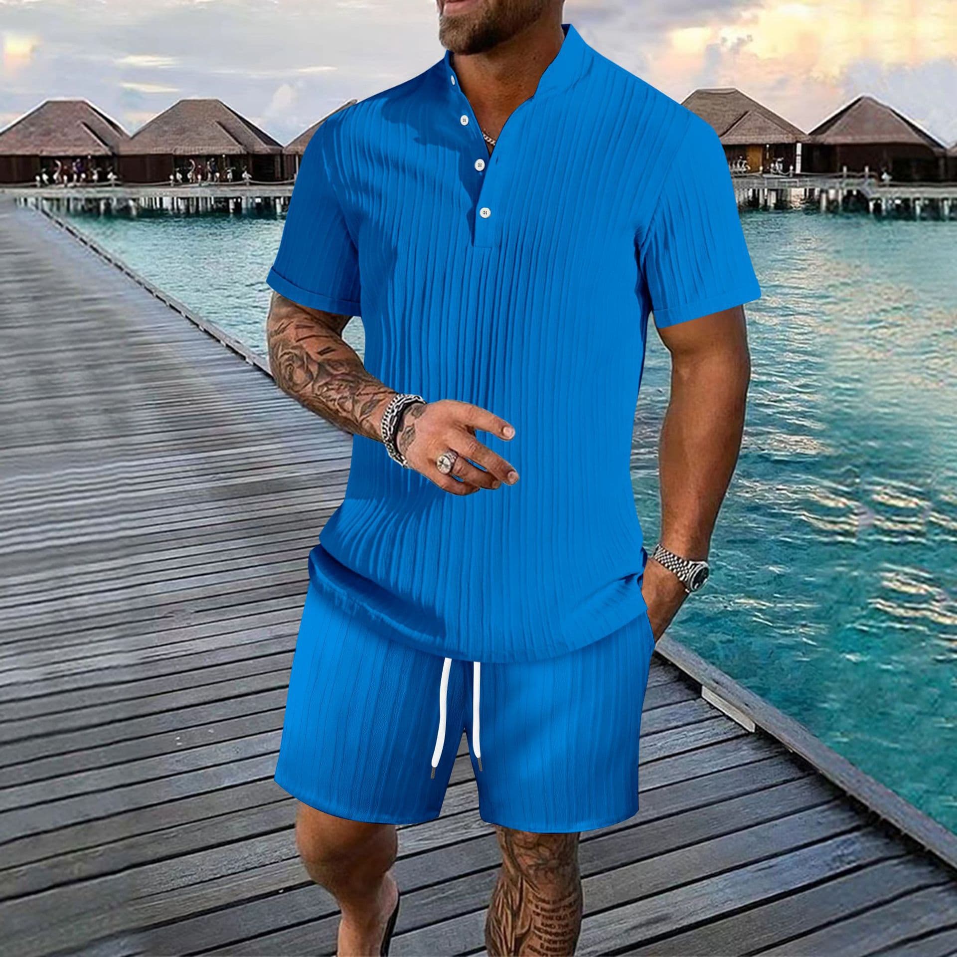 Men's Clothing Summer Men's Shirt Casual Loose Short Sleeved Shorts Beach Suit