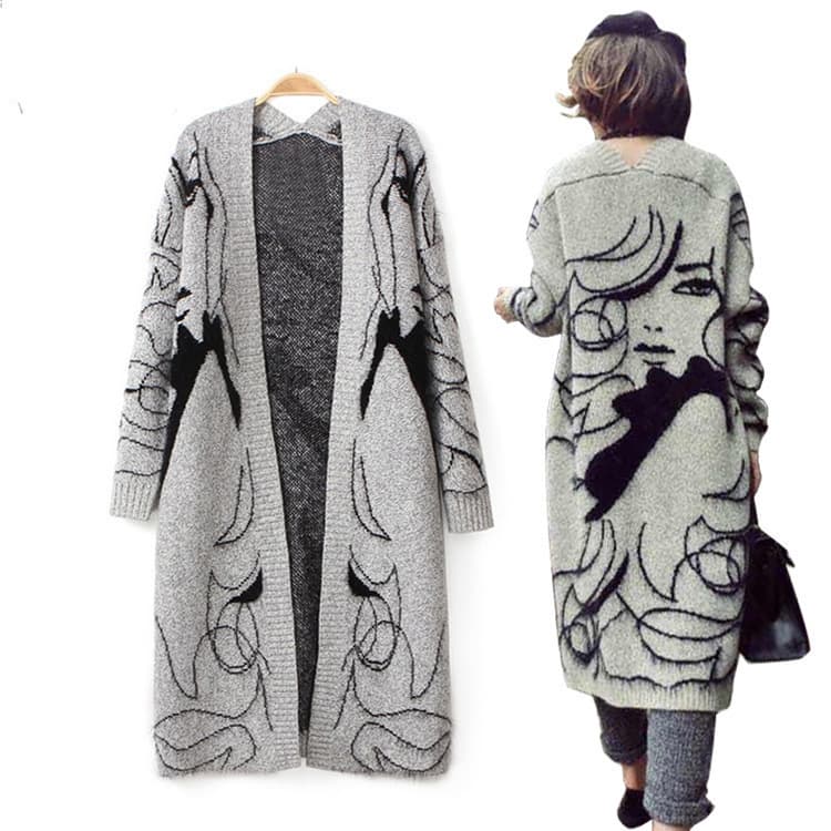 Women's abstract bat sleeve simple mid-length sweater sweater cardigan coat