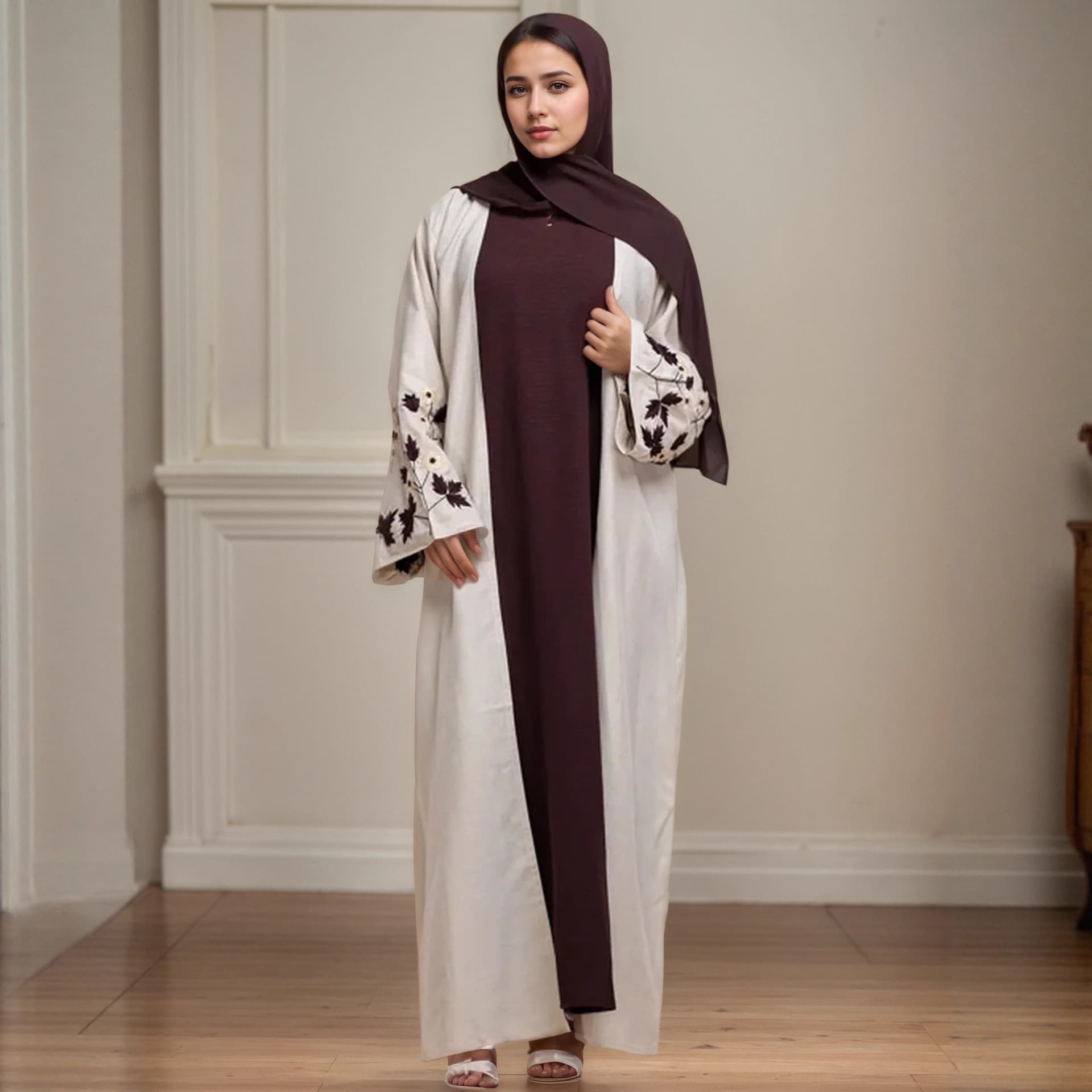 Elegant Maple Leaf Embroidered Kaftan Dress – Open-Front Abaya With Delicate Embroidery In Soft Apricot