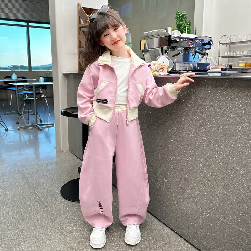 Girls' cardigan two-piece set 2024 new versatile western-style stand collar small jacket loose spring and autumn outfit