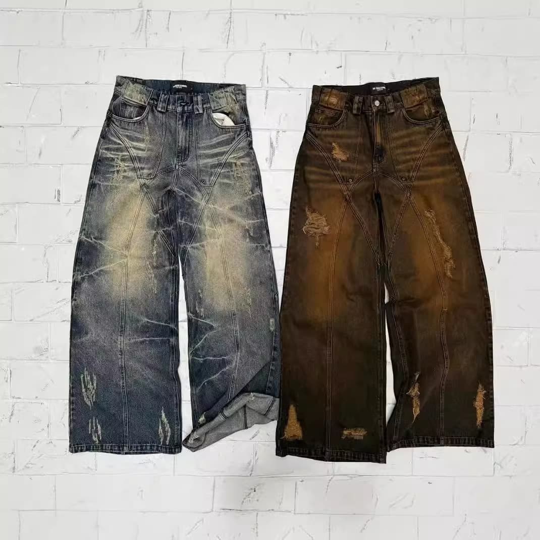 Men's Clothing New American High Street Straight Yellow Mud Dyed Jeans Loose Men And Women Retro Long Pants Trendy Boys Mud Colored Pants