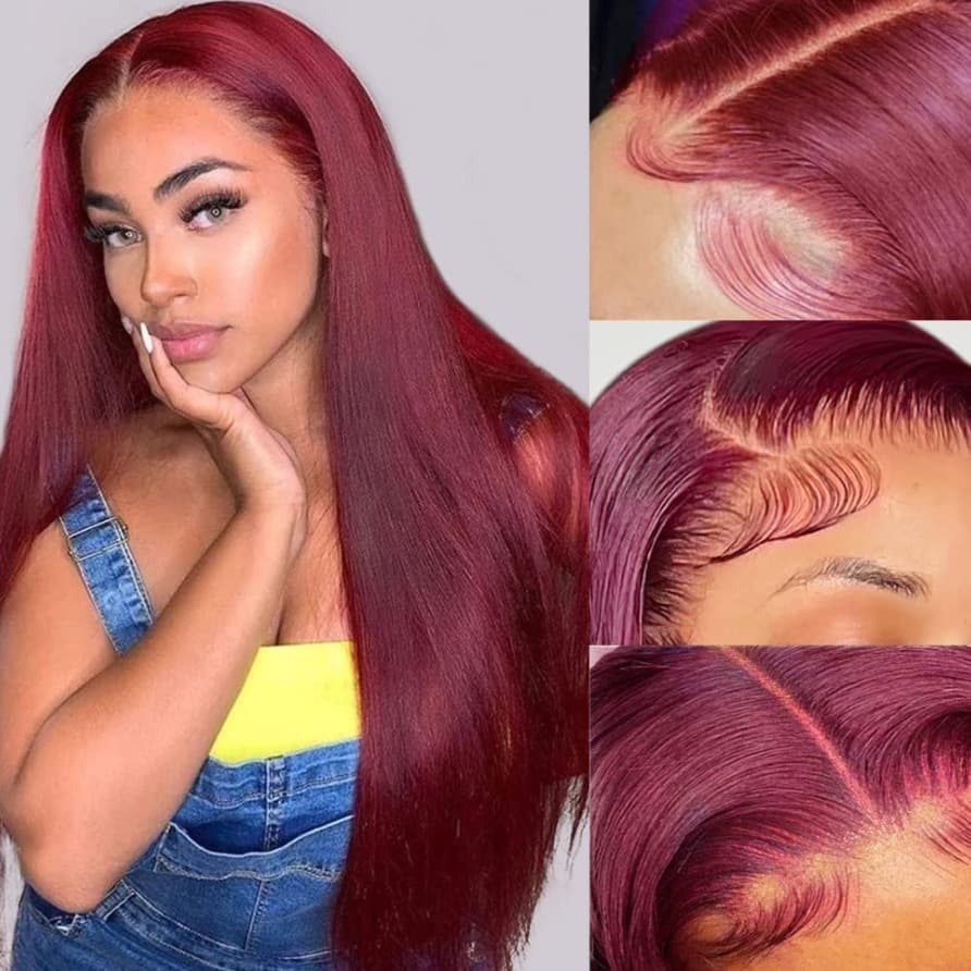 Human Hair Wig 13x4 Frontal Lace Female Long Straight Hair Wine Red Human Hair Lace Wig100%human Hair Wigs 99J 20in 30in