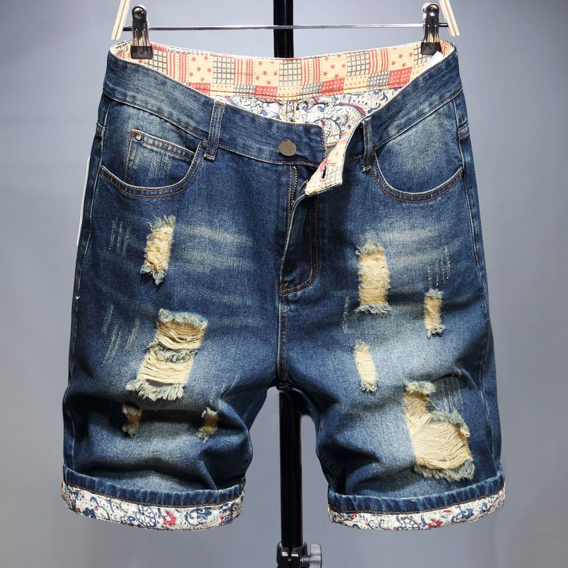 Men's Clothing Jeans Summer Thin Trendy Ripped Nostalgic Pants Mid Length Pants