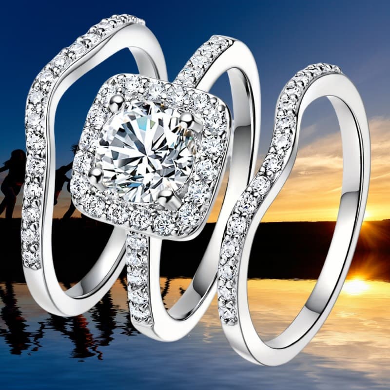 Three-Piece Set Simple Elegant Square Zircon Stacking Style Rings For Women Exquisite Jewelry Wedding Gift
