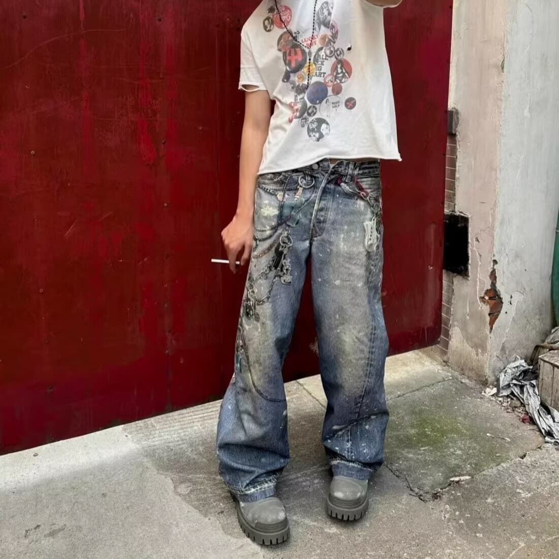 AC Style Graffiti Print Metal Decor Jeans – Unisex Distressed Denim Pants With Patchwork (S-XXXL)