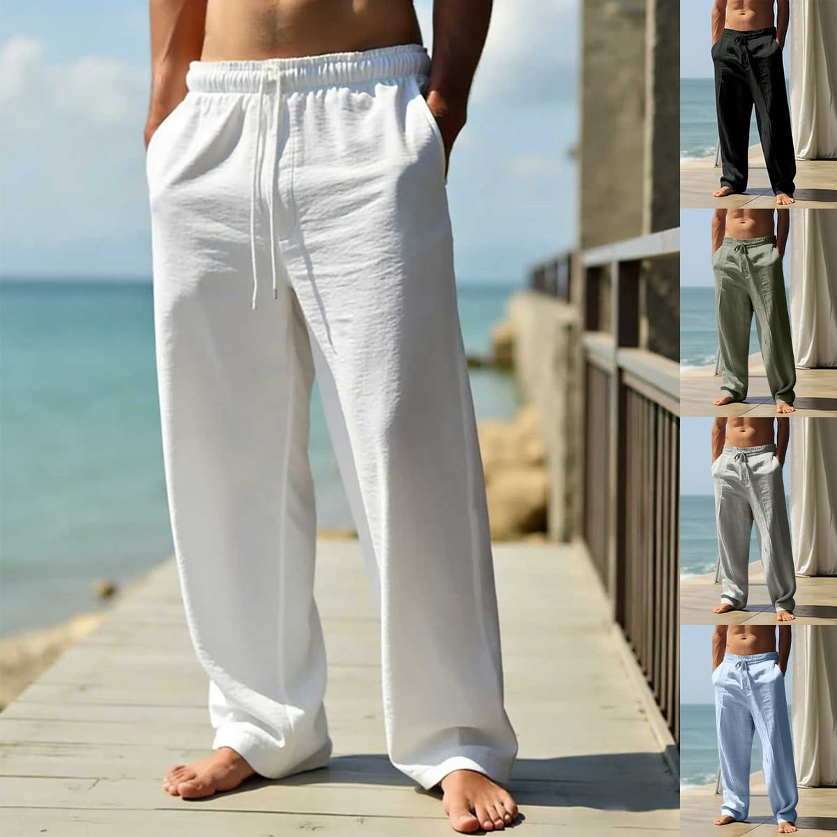 Men's Clothing Elegant Solid Color Long Trousers Breathable Linen Straight Leg Mid Waist American Style Casual Pants