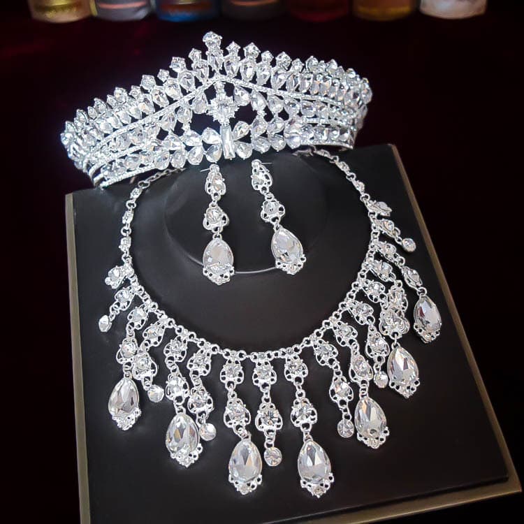 Bride luxury super flash full diamond temperament necklace female earrings high end crown wedding dress three piece jewelry