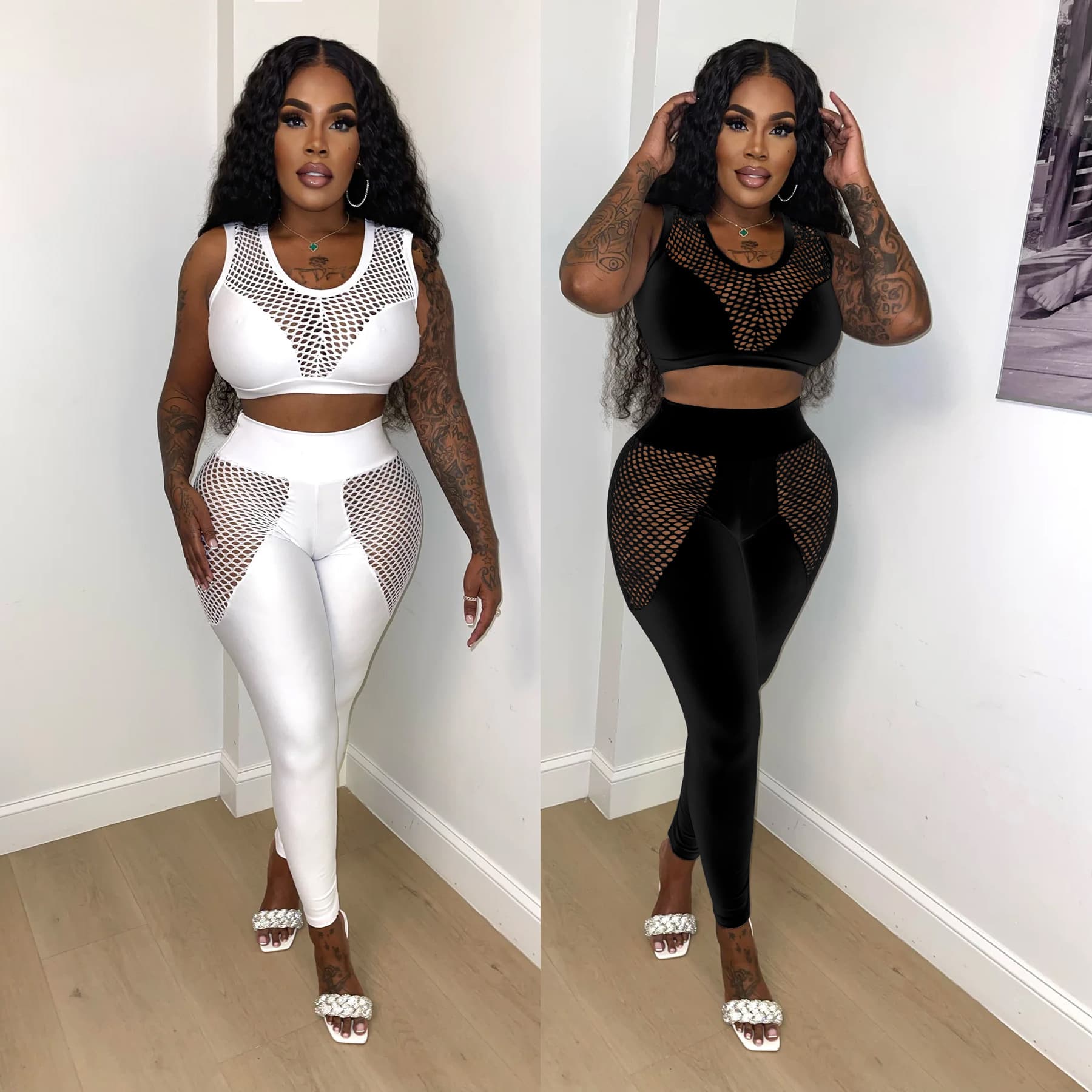 Women'S hollow mesh see-through sexy suit mesh patchwork vest and trousers two-piece set for women
