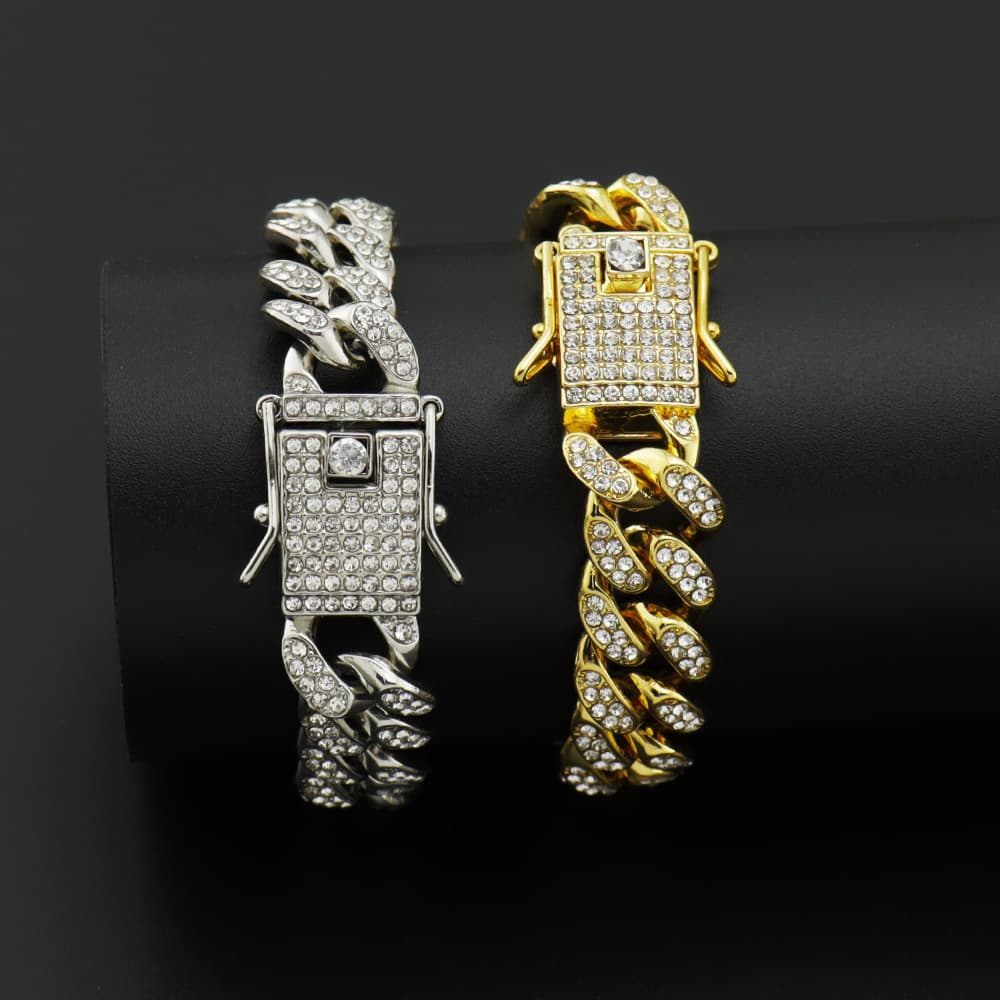 Hip Hop Shiny Cuban Link Chain Bracelets Women Men Gold Color Rhinestone Iced Out Chain Bracelets Punk Wristband Jewelry