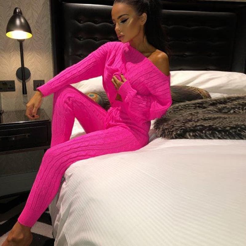 Women's fashion set crew-neck wool-knitted trousers long-sleeved set sweater
