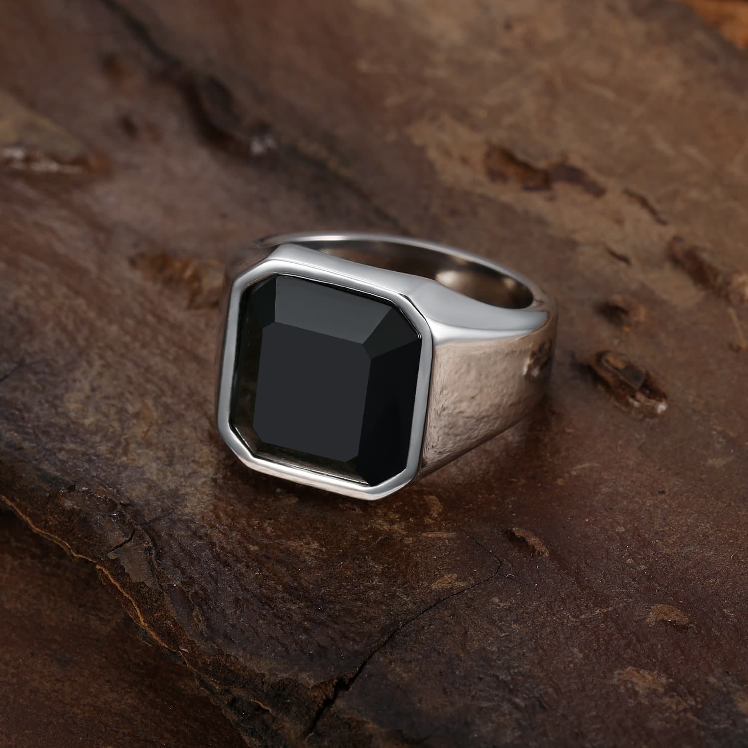 Ins simple style titanium steel men's glossy black gemstone ring ready to ship