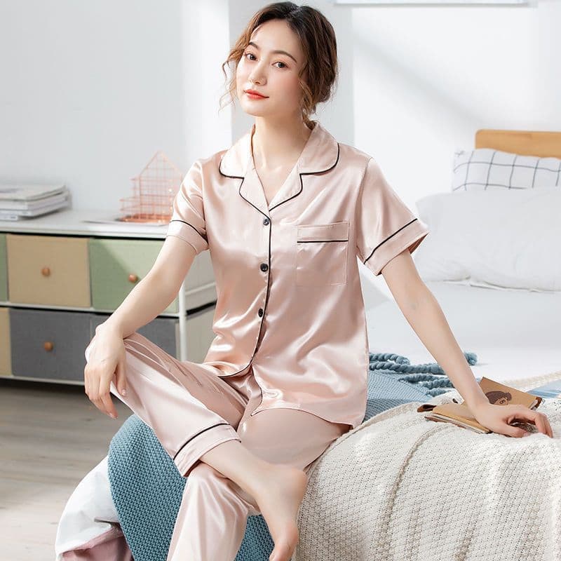 Women's Sleepwears Ice Silk Pajamas Women Summer Short Sleeved Trousers Thin Solid Color Simulation Silk Home Clothes Two Piece Suit