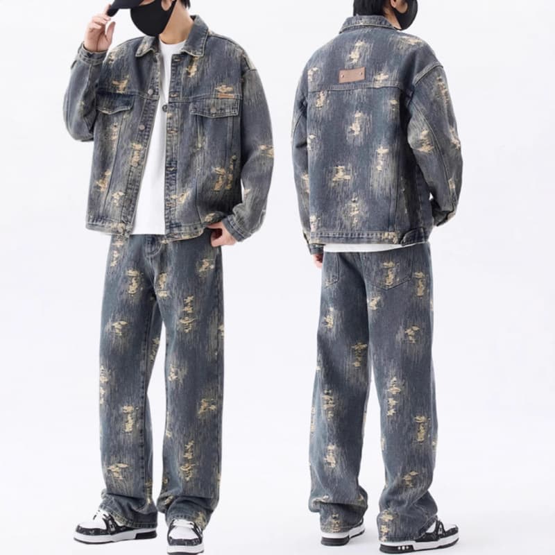 Men's American Style Trendy Jacquard Denim Jacket High Street Retro Loose Straight Leg Jeans Suit For Spring Autumn