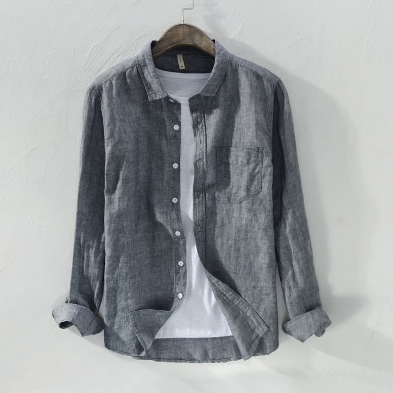 Chemise d'été fine en lin pour homme, décontractée, ample, couleur unie, manches longues, en coton et lin, blanche