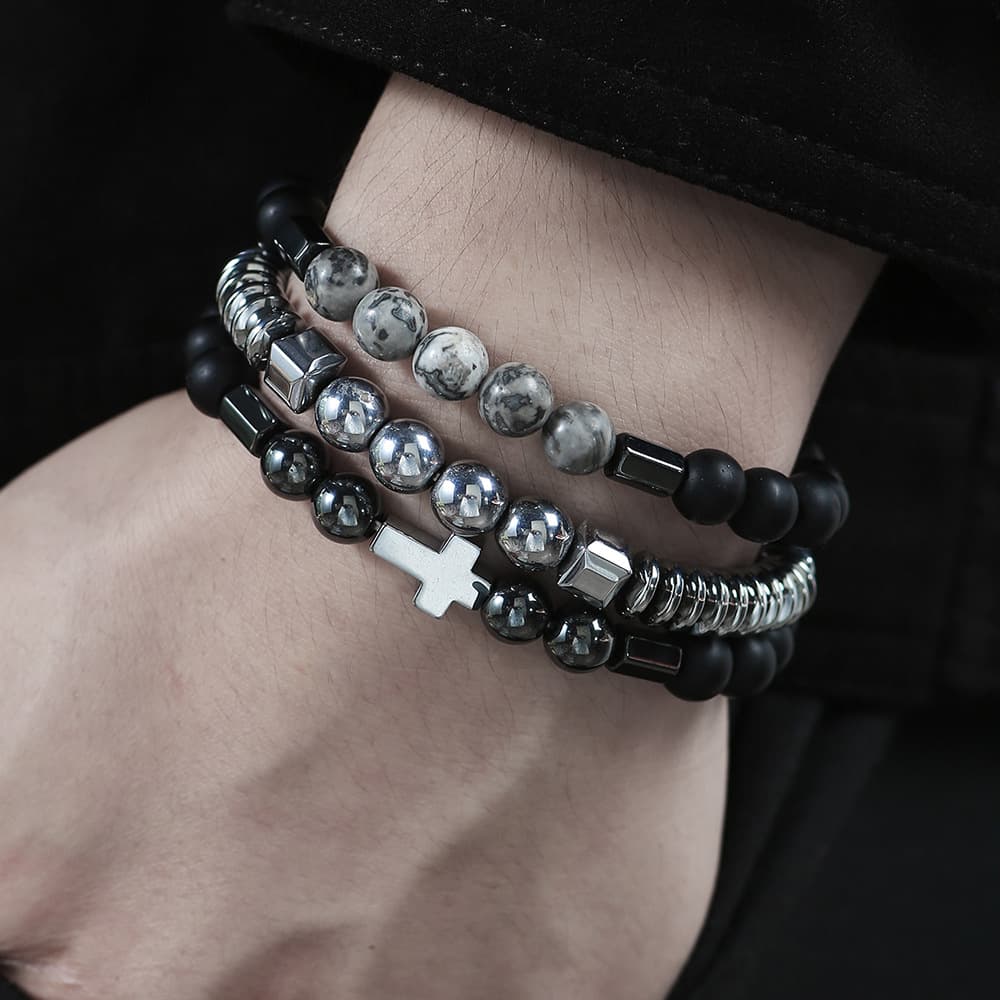 New Men's Beaded Bracelet Set Map Stone Black Gallstone Cross Bracelet Elastic Bracelet Combination