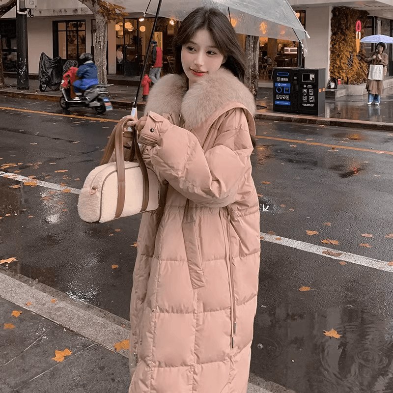 Milk Hoo Pink Large Feather Collar Down Cotton Coat for Women's Winter 2023 New Korean Edition Mid length Fashionable