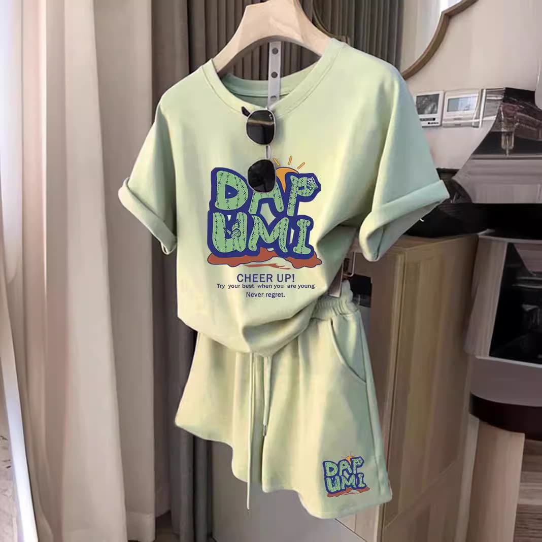 Fruit Green Short Sleeved Shorts Suit For Women New Style Fashionable Hot Selling Summer Leisure Sports Two Piece Suit
