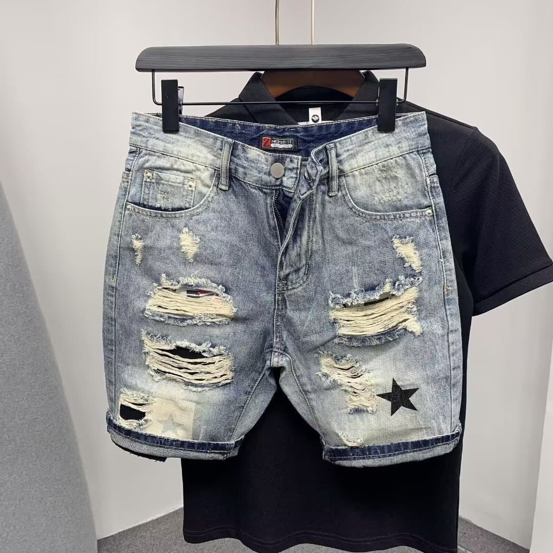 Men's Clothing Denim shorts men's ripped thin 2024 summer men's casual straight mid length pants half length pants