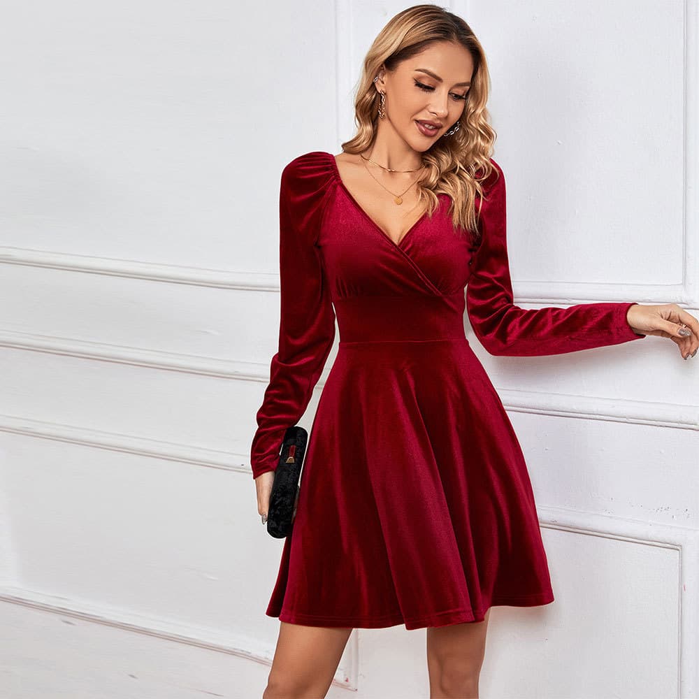 Women's Clothing Autumn And Winter V Neck Waist A Line Skirt Sexy Velvet Dress Banquet Dress