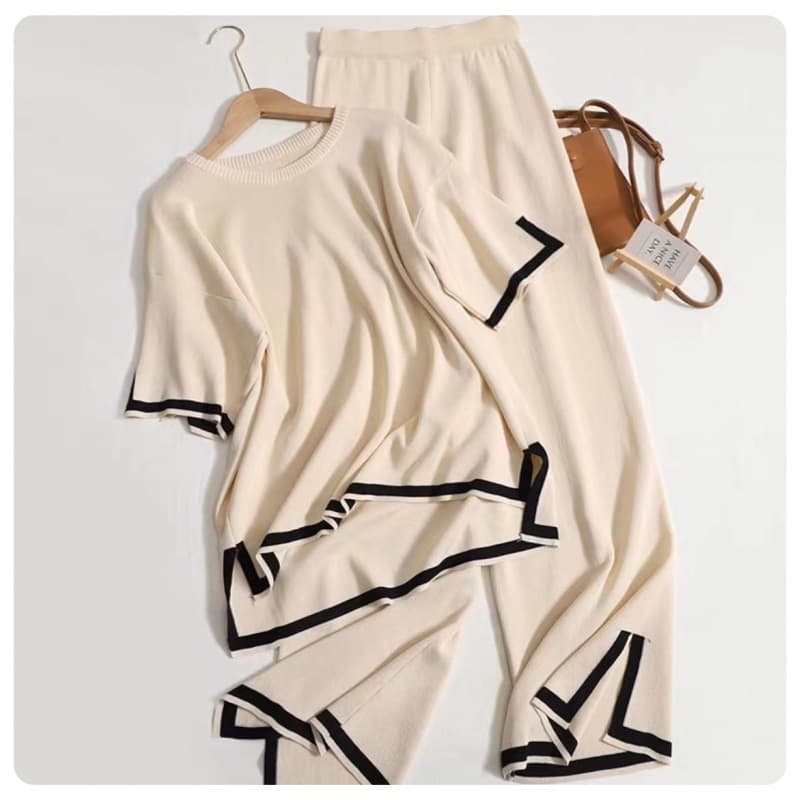 Women's Fashion Two Piece Set Short Sleeved Contrasting Color Slit Sweater High Waist Slim Wide Leg Pants Trousers