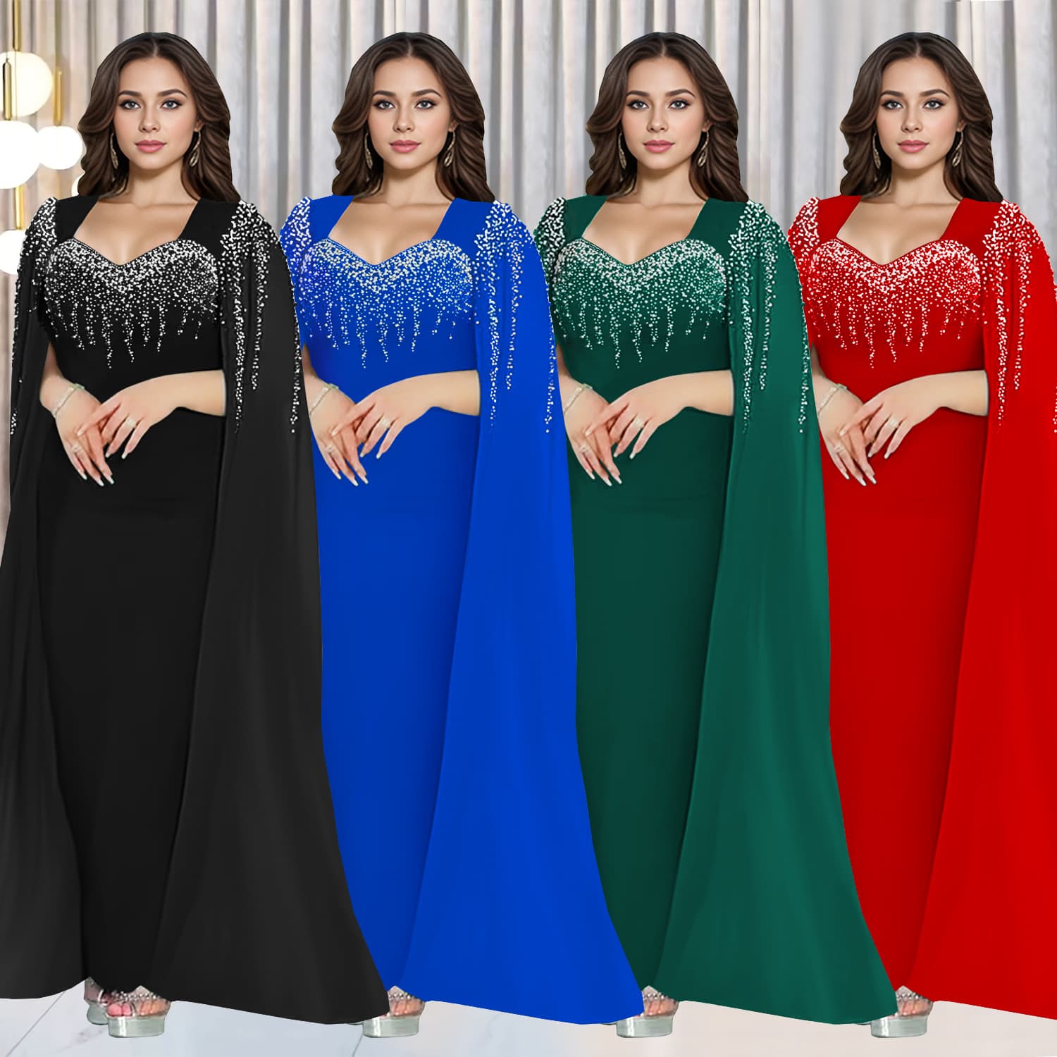 Elegant V-Neck Long Sleeve Evening Dress With Crystal Embroidery – A-Line Floor-Length Gown For Galas & Weddings (S-XXL, Black/Blue/Emerald/Red)
