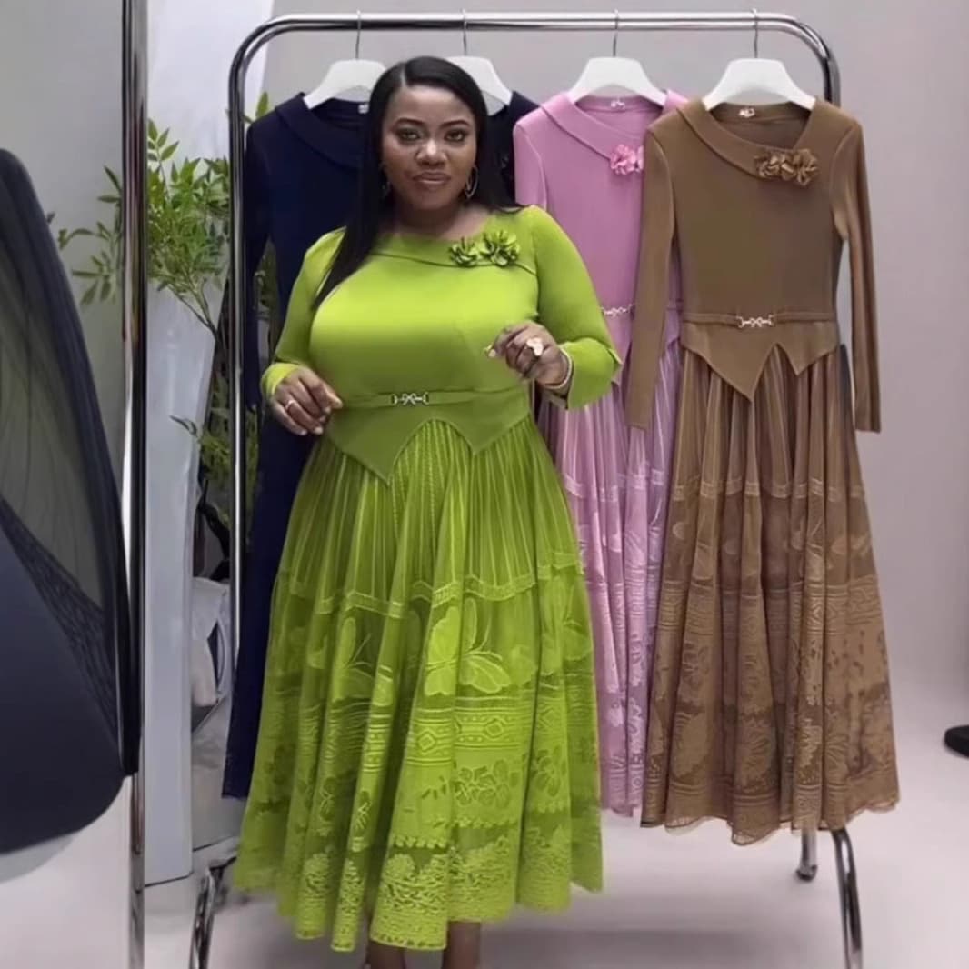 Women's Clothing Plus Size Clothes Modern Asymmetrical Neckline Dress – Elegant Pleated Skirt With Full Hem In Dark Blue/Camel/Pinkish/Matcha/Black