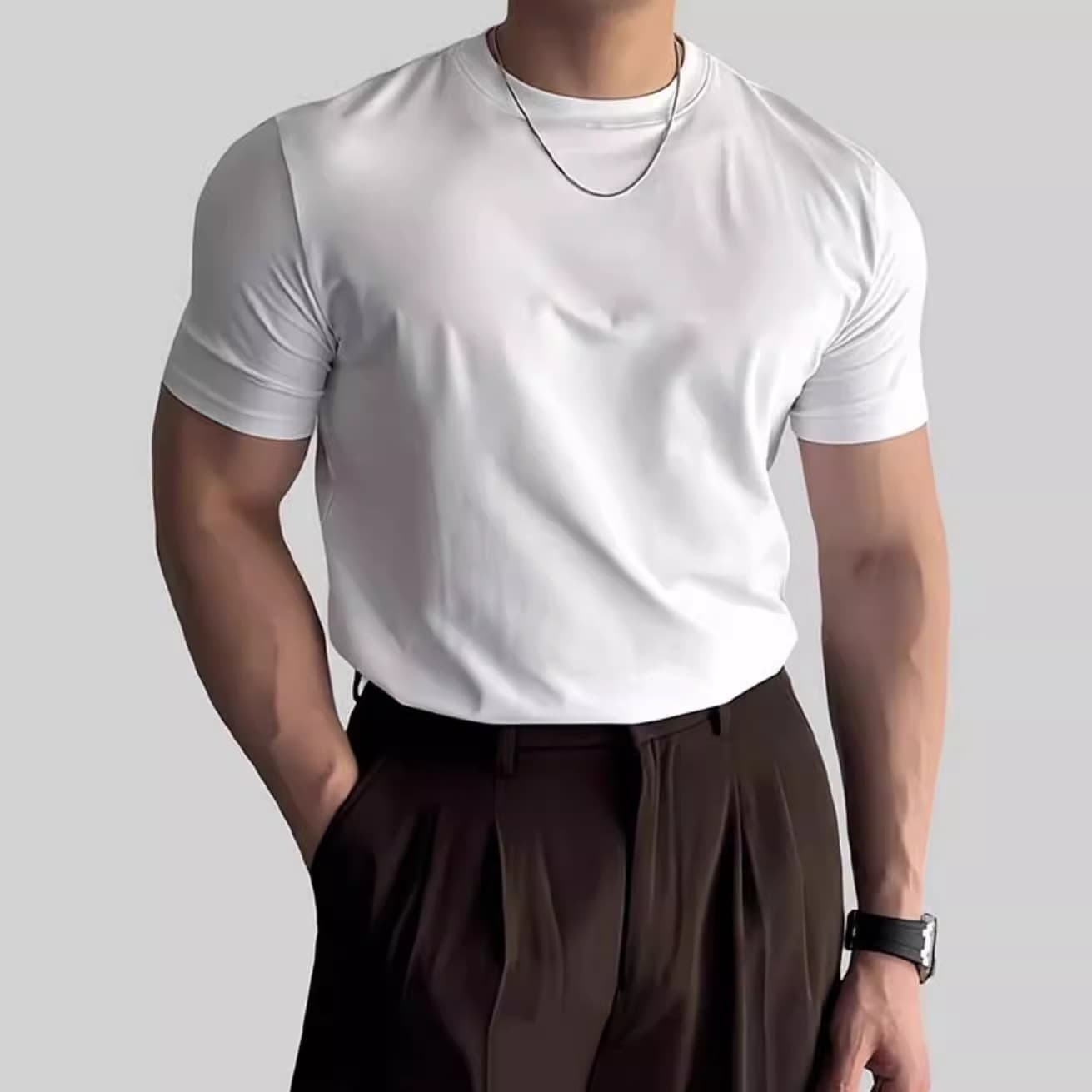 Men's Clothing Summer T Shirt With Small Neckline Slim Fit Short Sleeves Muscle Suit