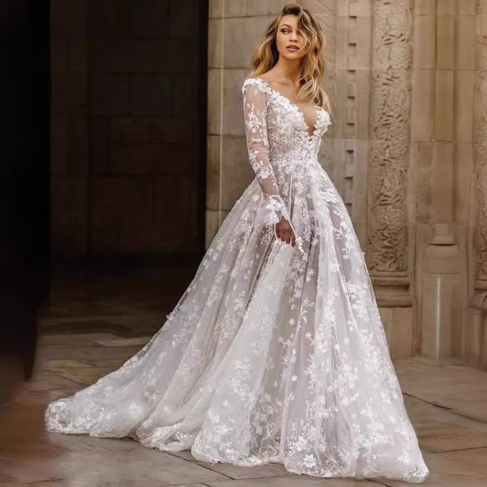 Women's Clothing Spring And Summer Sexy Lace Long Sleeved Dress Evening Dress