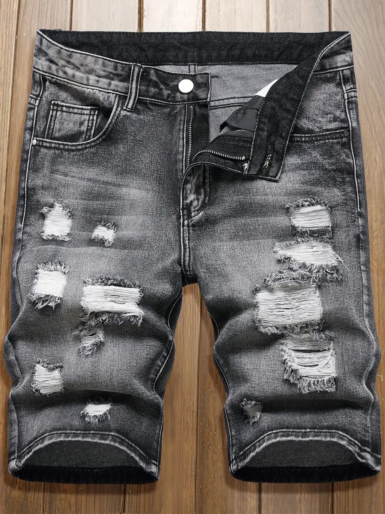 Men's Denim Shorts With Torn Holes, Fashionable And Versatile, Black Mid Length Pants With Multiple Craftsmanship, Worn And Worn Men's Pants