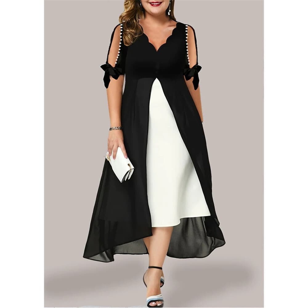 2023 Spring/Summer New Women's V-neck Spliced Fake Two Piece Irregular Mid Sleeve Dress