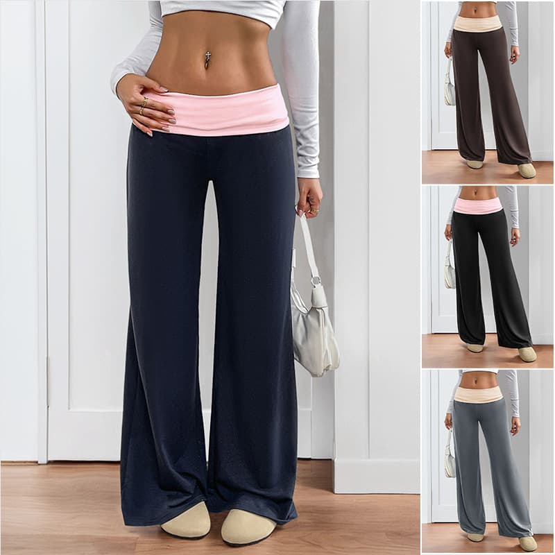 ​​Women's Low-Rise Wide-Leg Pants With Color Block Design - Casual Polyester Trousers For Everyday Wear​​