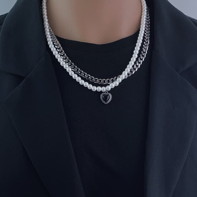 Trendy Titanium Steel Necklace Hip Hop Style Pearl Love Zircon Pendant Men's And Women's Double Layer Clavicle Chain