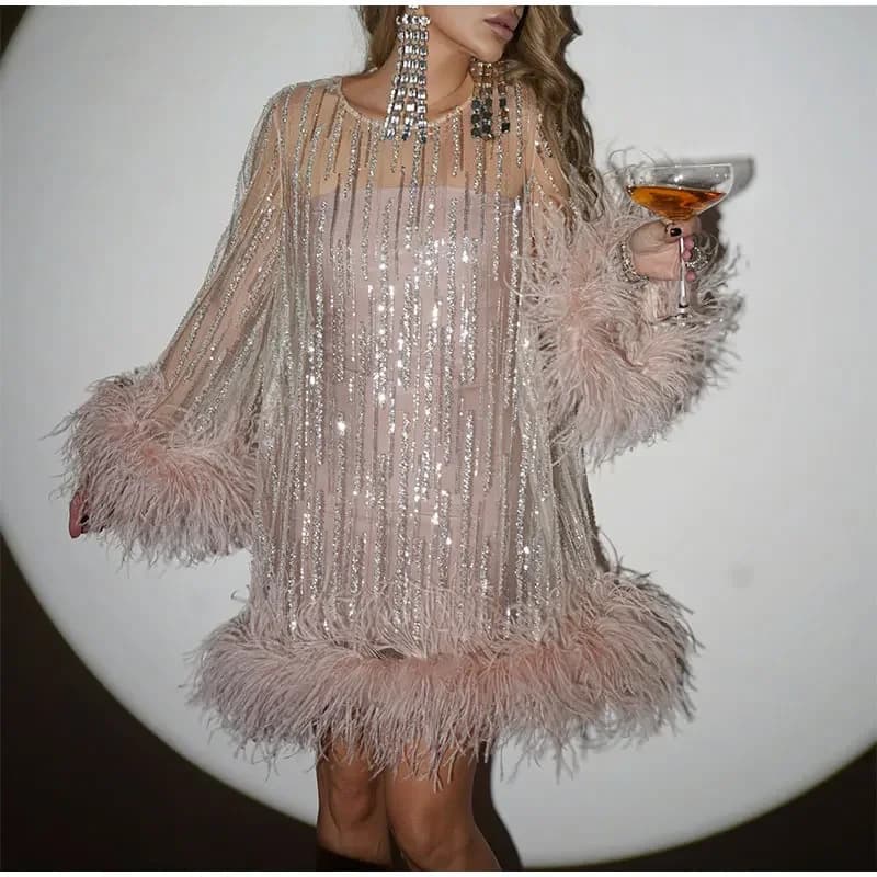 Women's Clothing Pink Party Dress Short Skirt Glitter Sequins Ostrich Feather Trumpet Sleeve Dress