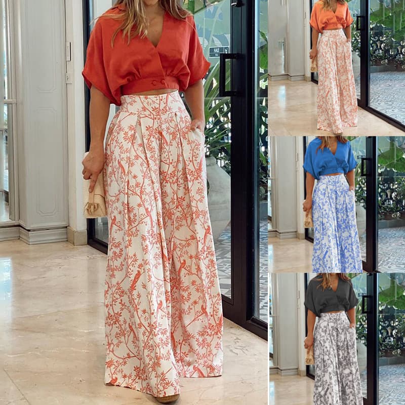 Women's Clothing Summer Flared Pants Suit Shirt Top V-Neck Fashion Printed Wide Leg Pants Two-Piece Set