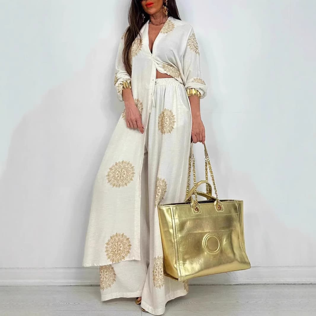 Women's Clothing Middle Loose Long Printed Robe Top Wide Leg Pants Two Piece Set
