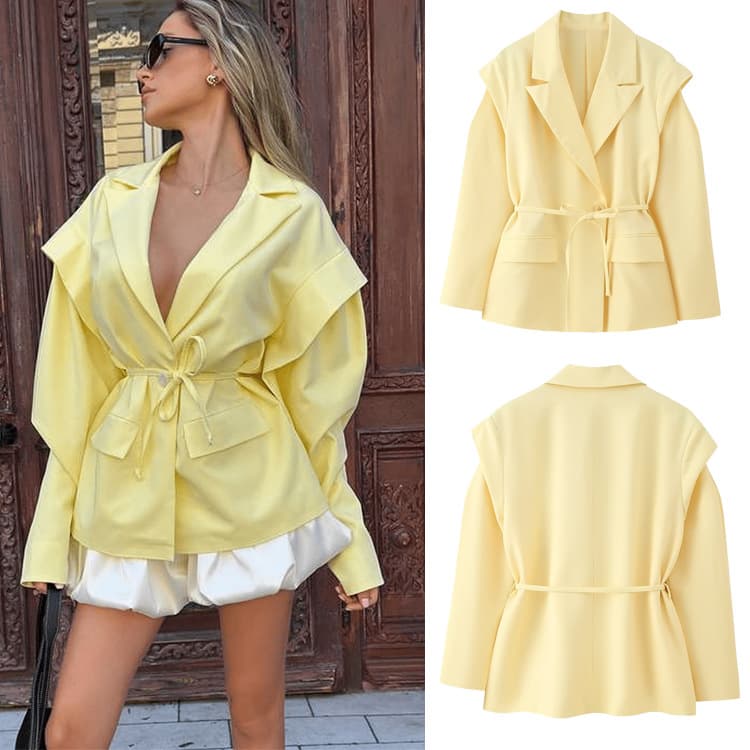 Women's Belted Blazer – Wide Shoulder Trench Coat Style Jacket (Black/Yellow, S-L)