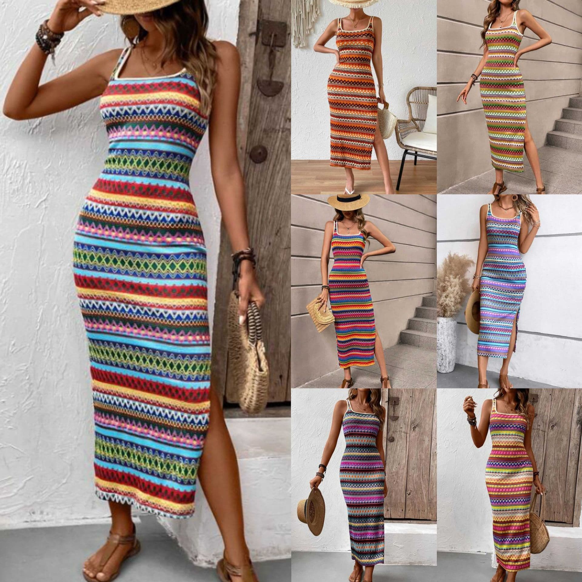Women's Personality Street Fashion Casual Striped Sleeveless Square Neck Dress
