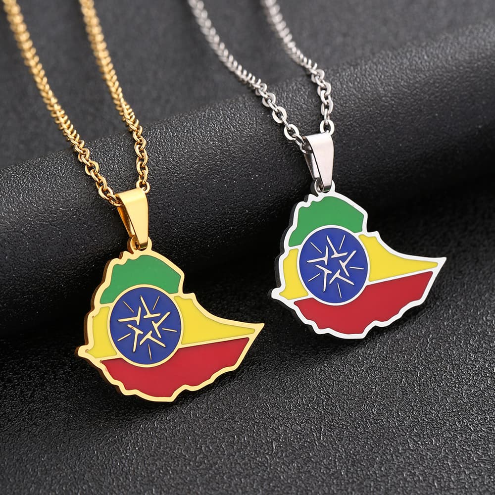 Trendy Jewelry Design Sense Stainless Steel Ethiopian Map Necklace Men and Women Couple Sweater Chain Cross-border Accessories