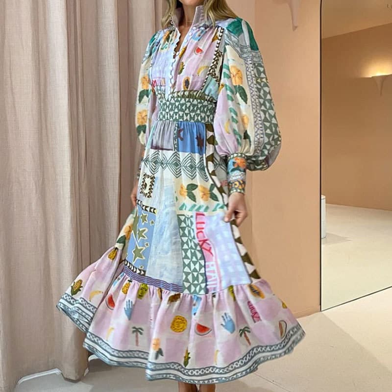 Women's Clothing Spring New Temperament Commuting Painted Print Lantern Long Sleeve Waist Large Swing Dress Female