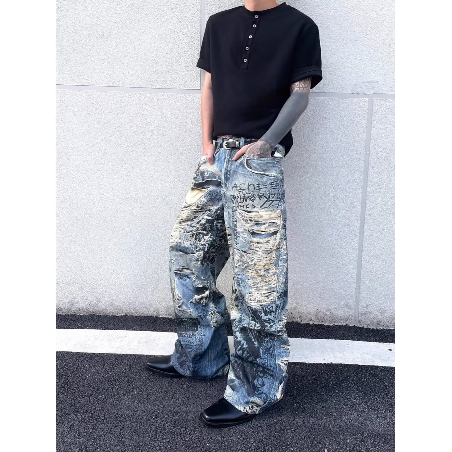 American High Street Men's 3D Digitally Printed Lettering And Floral Patterned Jeans Trendy Distressed Design Loose Wide Leg Trousers